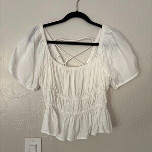 Free People White Cottage Core Smock Tie Up Back Top - White - Size Small